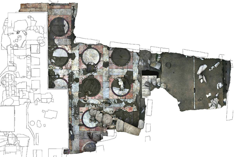 Rilievo architettonico e ortofotopiani delle superfici pavimentali in marmo policromo del Tempio della Pace in Roma